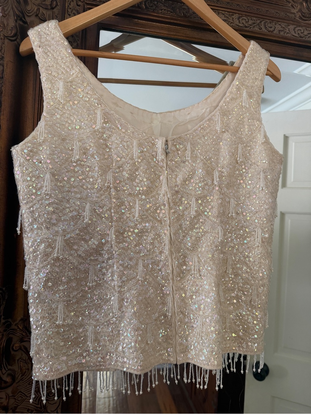 Vintage Ivory Beaded Sleeveless Top with Fringe - Picture 3 of 7